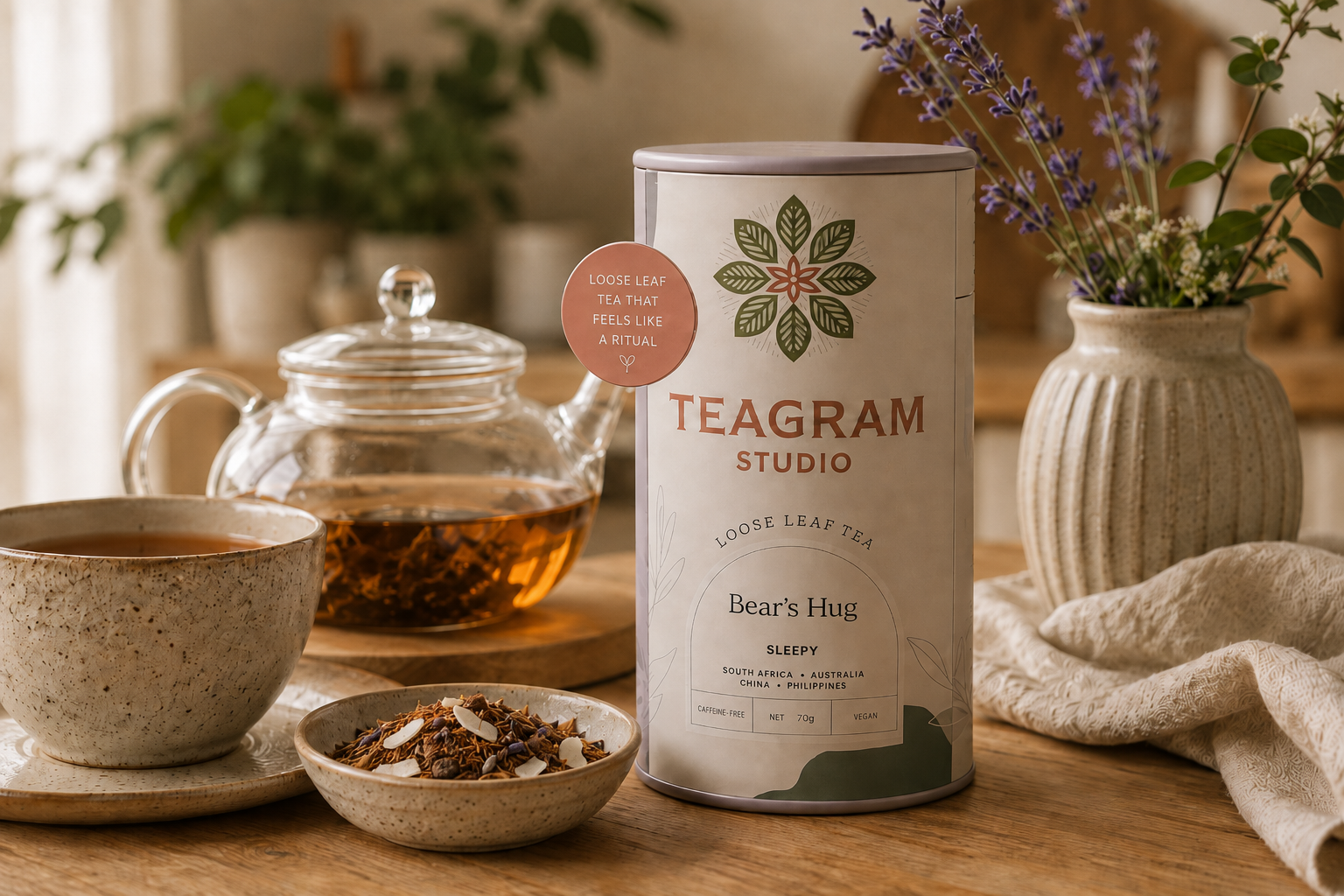 A canister of Teagram Studio 'Bear's Hug' loose leaf tea stands on a wooden table beside a teacup, a glass teapot, and a small dish of loose leaves, with a vase of lavender in the background.